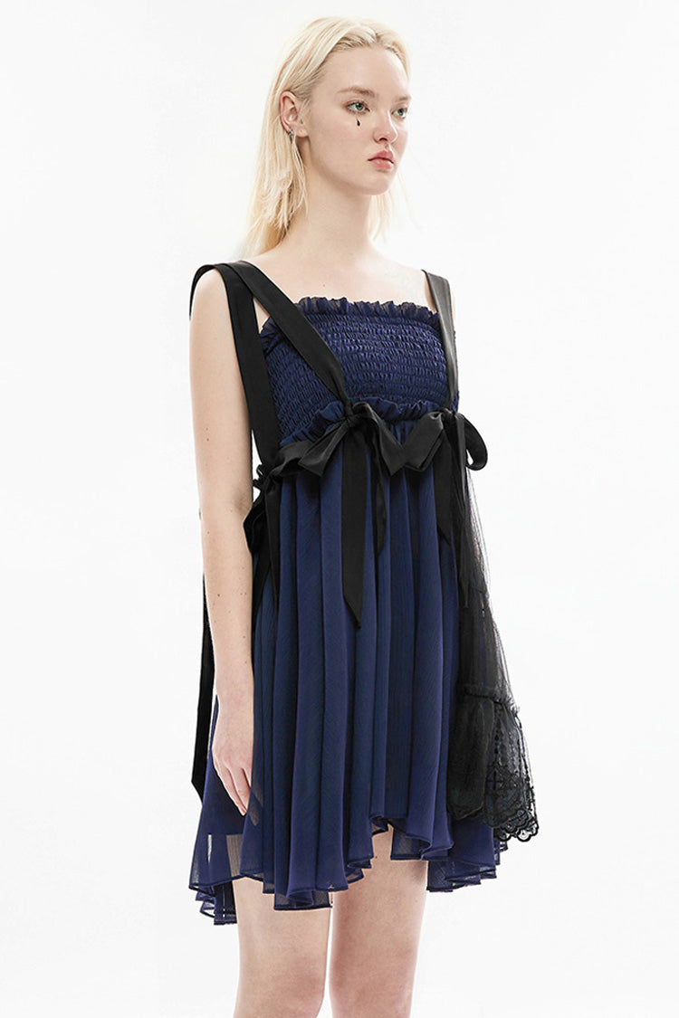 Blue Strap Big Bow Streamer Super Cool Stitching Lace Suspender Women's Gothic Dress