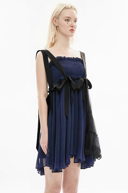 Blue Strap Big Bow Streamer Super Cool Stitching Lace Suspender Women's Gothic Dress