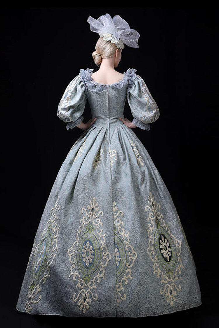 Blue Boat Neck Half Sleeves High Waisted Hollow Embroidery Floral Print Victorian Lolita Prom Dress