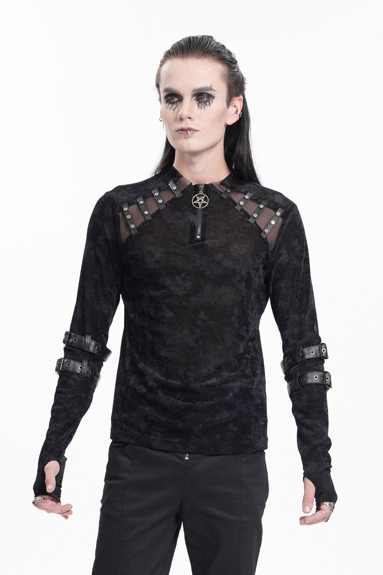Black Round Collar Long Sleeves Buckle Star Studs Men's Gothic T-Shirt