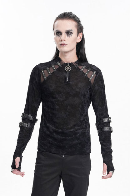 Black Round Collar Long Sleeves Buckle Star Studs Men's Gothic T-Shirt
