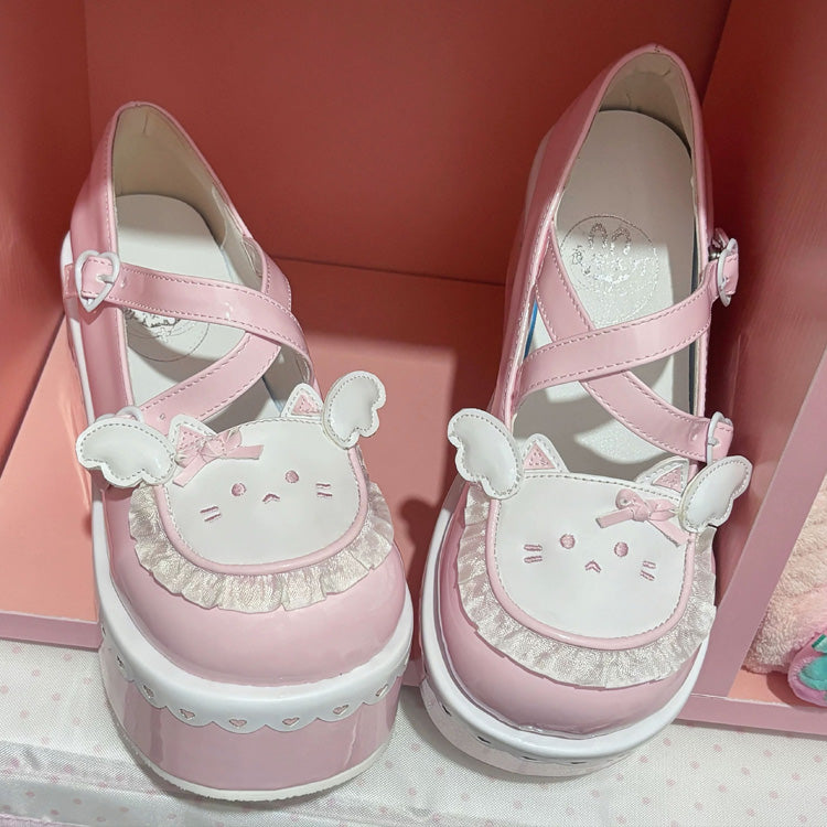 Cat Design Ruffled Cross Strap Round-Toe Daily Sweet Lolita Platform Shoes 4 Colors