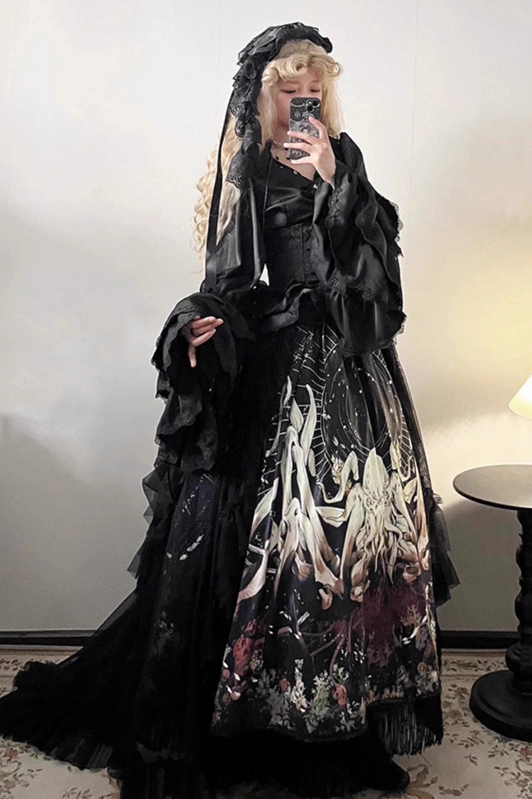 Black [Reborn Ancient God] Long Hime Sleeves Print Lace Gothic Lolita Skirt Dress Set