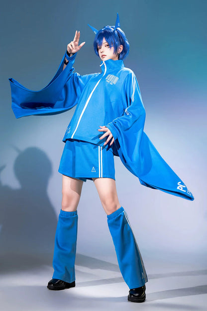 Blue [Network Error] Stand Collar Long Trumpet Sleeves Ouji Gothic Functional Style Japanese Prince Lolita Coat Shorts Set