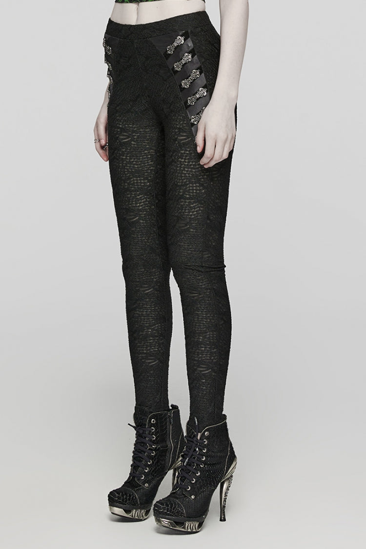 Black Print Slim Mesh Button Decoration Women's Gothic Leggings