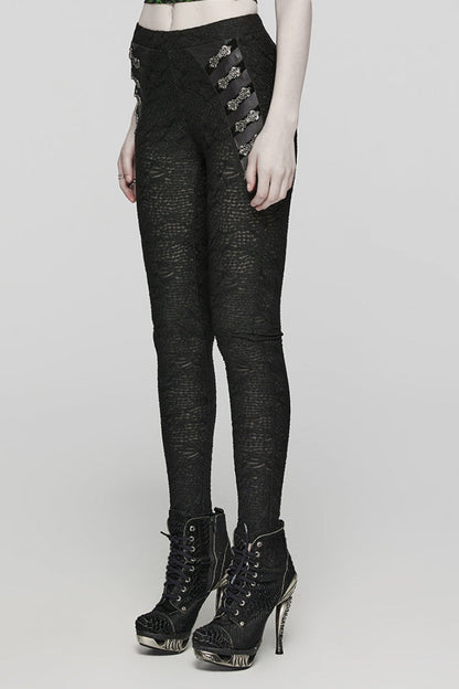 Black Print Slim Mesh Button Decoration Women's Gothic Leggings