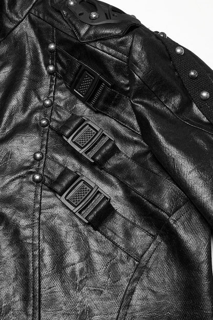 Black Stand Collar Long Sleeves Faux Leather Buckle Men's Punk Coat