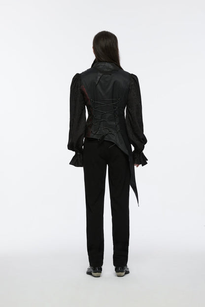 Black V Collar Sleeveless Embroidery Lace Asymmetric Men's Gothic Vest