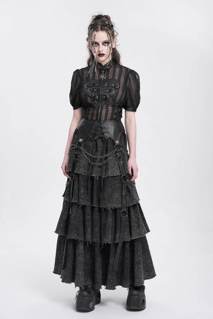 Black Stand Collar Short Puff Sleeves Sheer Mesh Women's Gothic Blouse