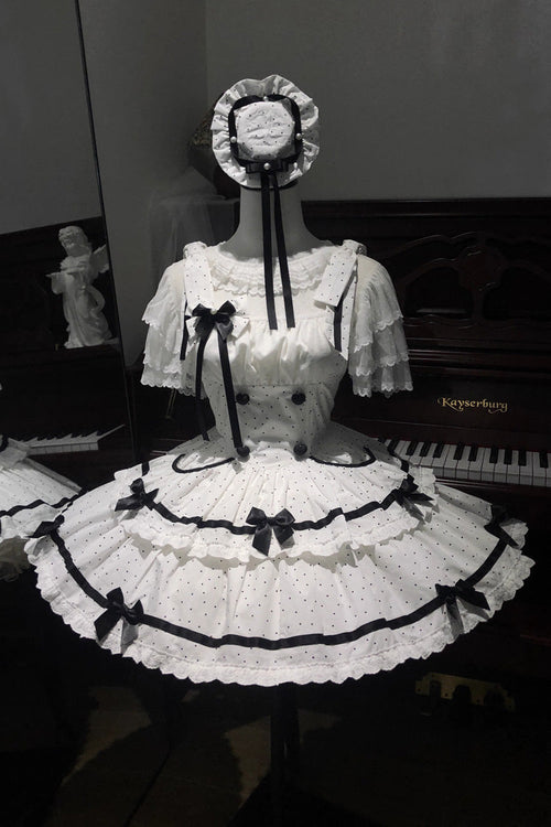 White Pure Cotton Sleeveless Double-Layered Polka Dot Print Ruffle Bowknot Daily Sweet Lolita Jsk Dress