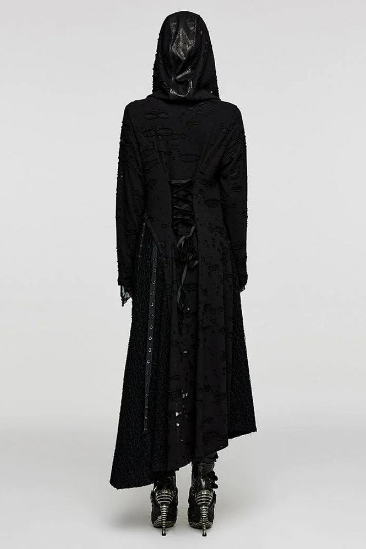 Black Ripped Mesh Stitching Irregular Hooded Womens Steampunk Coat