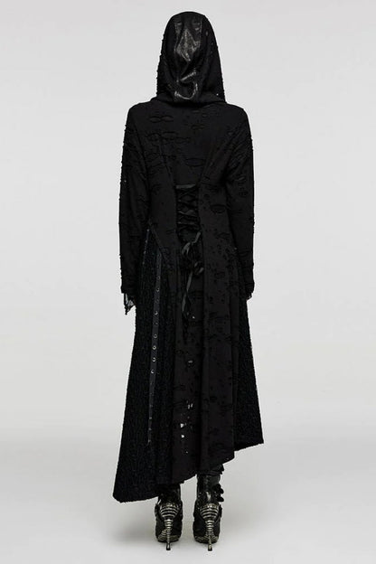 Black Ripped Mesh Stitching Irregular Hooded Womens Steampunk Coat