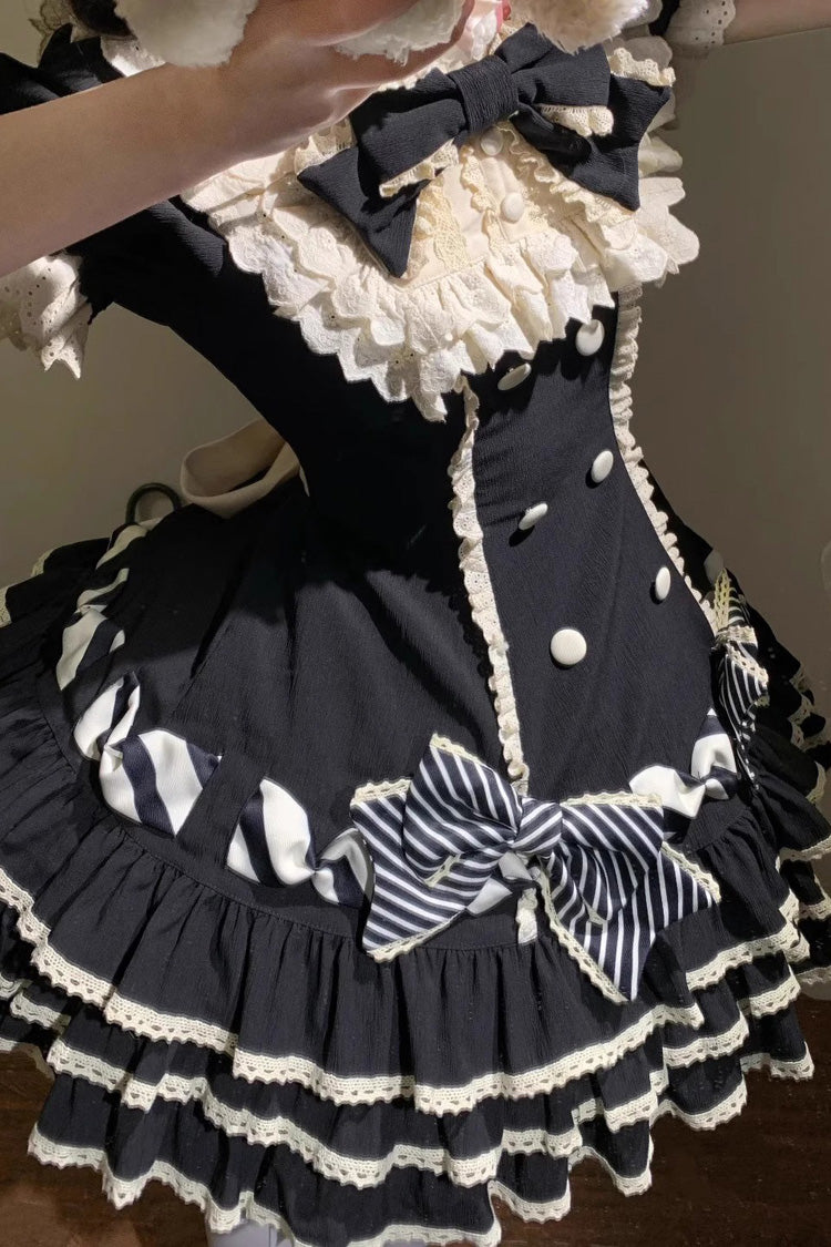 Black [Striped Layered] Short Sleeves Multi-Layered Ruffle Bowknot Sweet Princess Lolita Tiered Dress