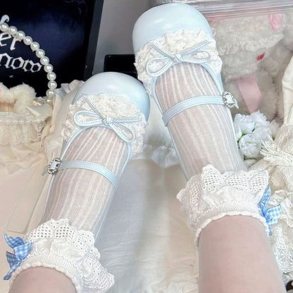 Blue Bow Lace Mid-Heel Round-Toe Sweet Lolita Mary Jane Shoes