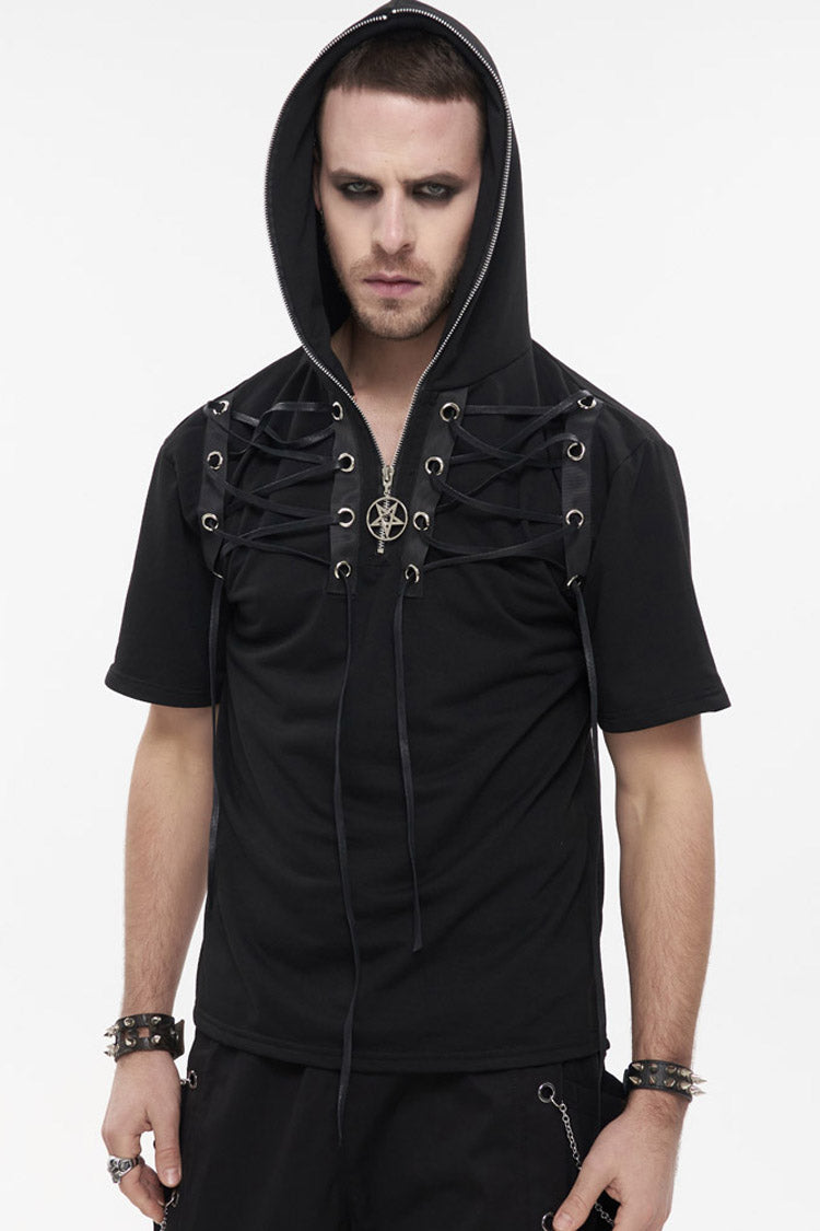 Black Punk Short Sleeve Metal Zipper Lace-Up Knit Loose Casual Hooded Men's T-Shirt