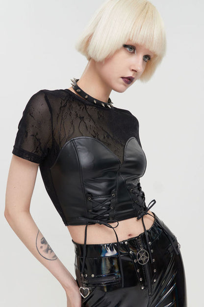 Black Punk Short Sleeve Mesh-Paneled Matte Leather Crew Neck Women's T-Shirt