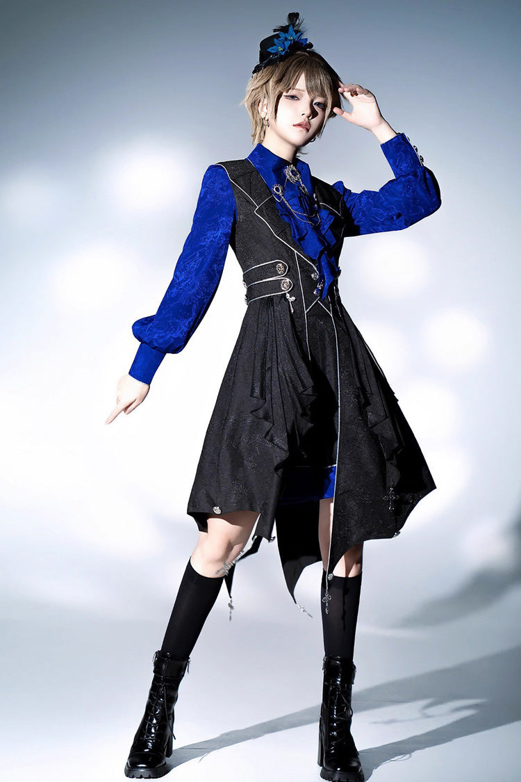 Black/Blue Courtly Knight-Style Long Sleeves Ruffle Embroidery Prince Ouji Lolita Set