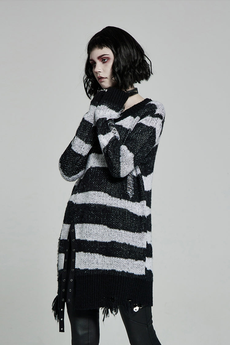 Striped Print Long Sleeves Mesh Ripped Women's Steampunk Knitted Sweater 2 Colors
