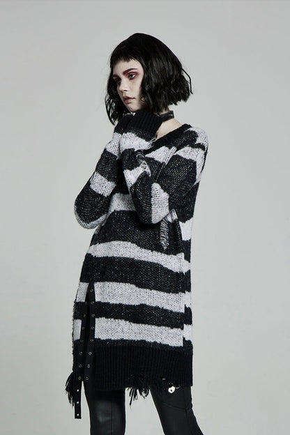 Striped Print Long Sleeves Mesh Ripped Women's Steampunk Knitted Sweater 2 Colors
