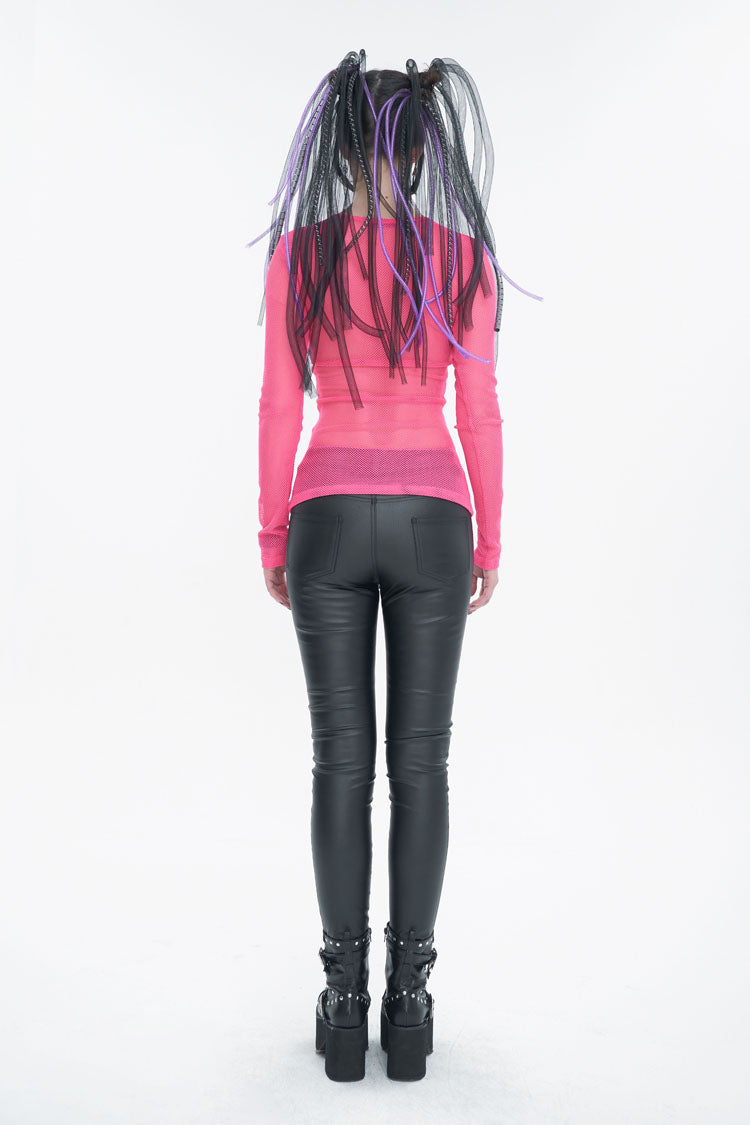 Red Elasticity High Neck Long Sleeve Mesh Women's Gothic T-Shirt