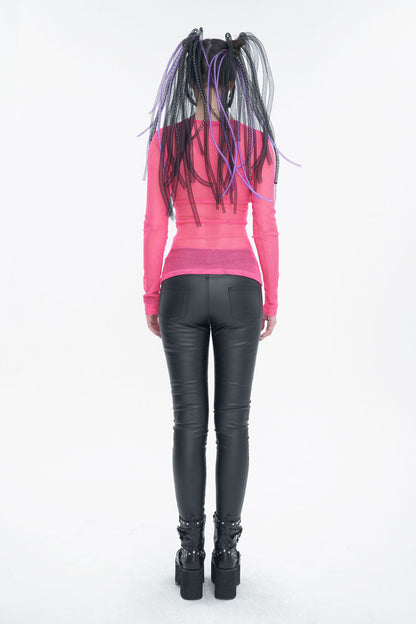 Red Elasticity High Neck Long Sleeve Mesh Women's Gothic T-Shirt