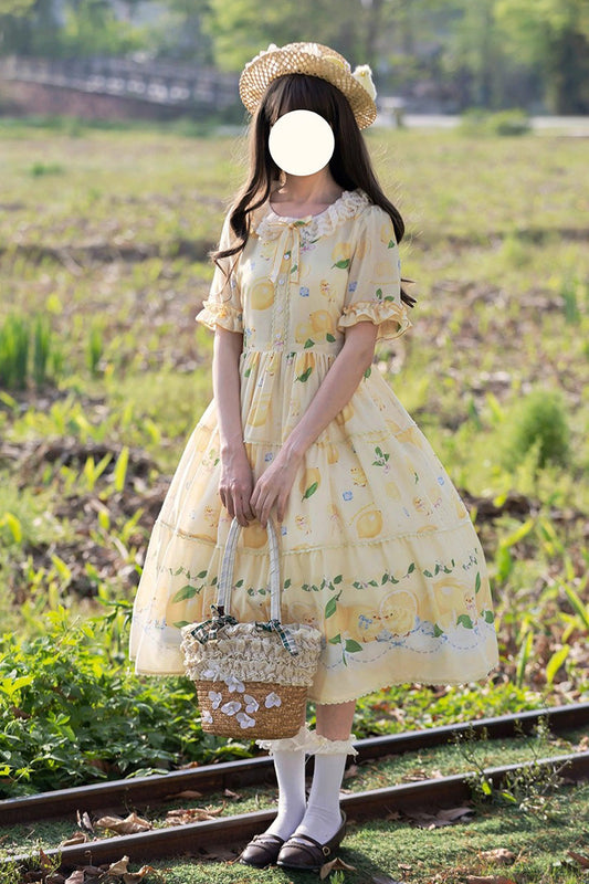 Yellow [Lemon Chicken] Short Sleeves Print Ruffle Bowknot Lace Daily Sweet Lolita Dress