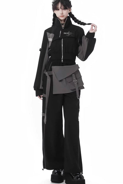 Black [Holographic Cruise] Techwear Long Sleeves Spliced Zippered Gothic Jirai Kei Pants and Short Coat Set