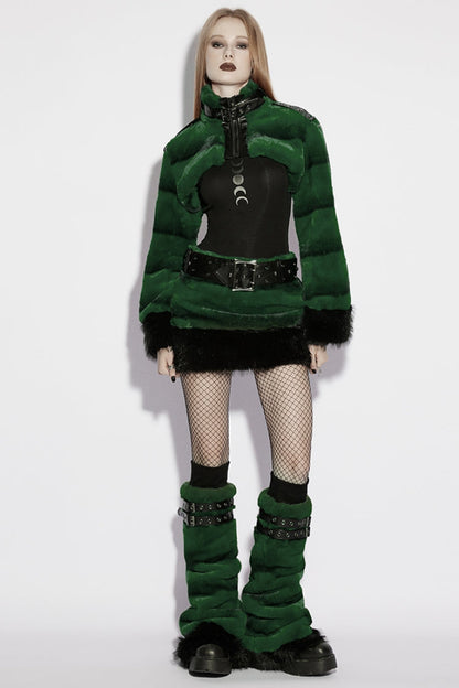 Green Stand Collar Long Sleeves Buckle Straps Faux Fur Women's Punk Short Cloak