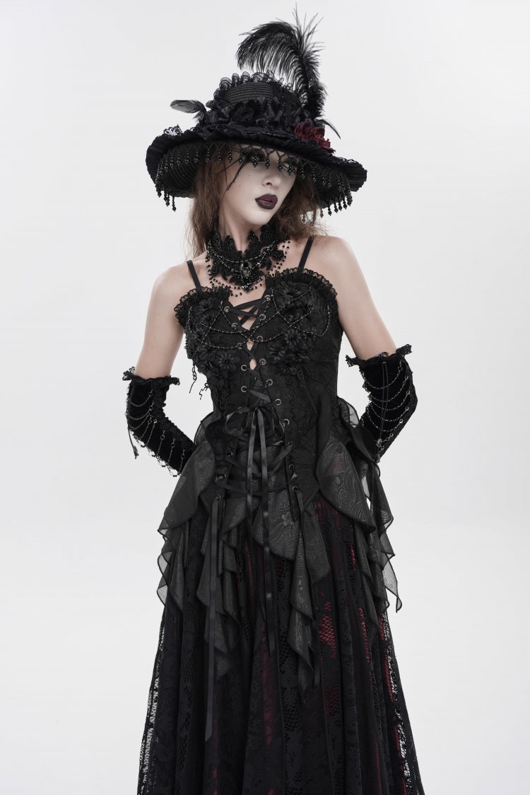 Black Ruffled Lace Lace-Up Slim Women's Gothic Overbust Corset