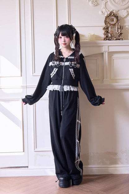 Sweet Long Sleeves Bowknot Lace Hooded Jirai Kei Hoodie Pants Set 3 Colors