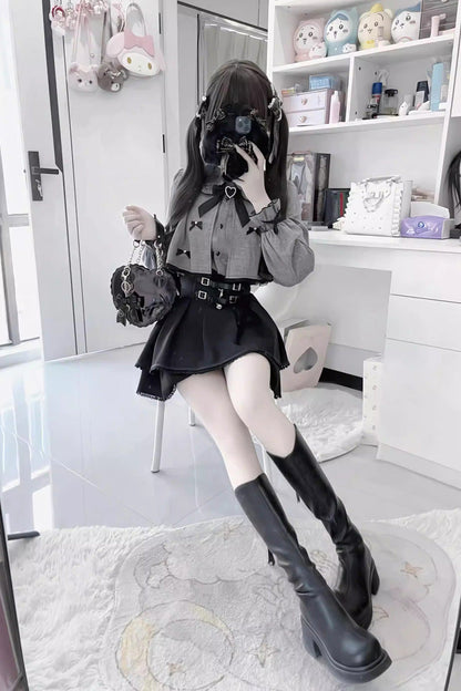 Black/Grey Long Sleeves Ruffled Belt Buckle Japanese Jirai Kei Set