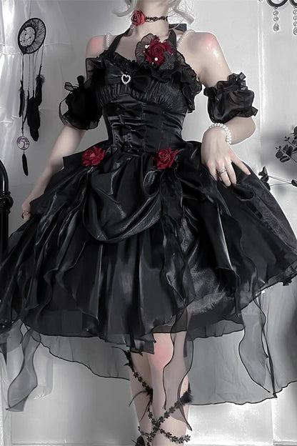 Black [Cindy Rose] Halterneck Sleeveless Ruffle Bowknot Gothic Elegant Lolita Jsk Dress