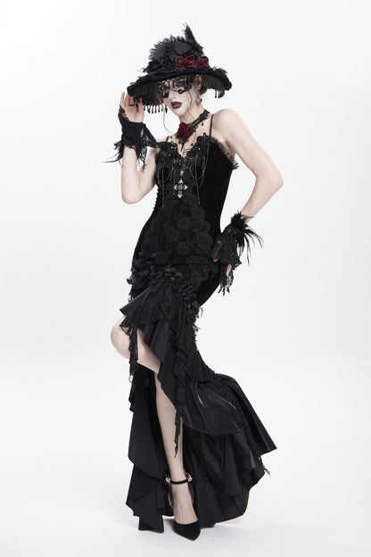 Black Sleeveless Cross Ruffled Floral Embroidered Chain-Decorated Women's Gothic Long Slip Dress