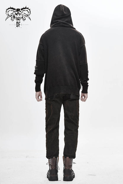 Brown Worn-Out Long Sleeve Elbow Leather Strip Lace-Up Hooded Coarse Knit Men's Punk Sweater