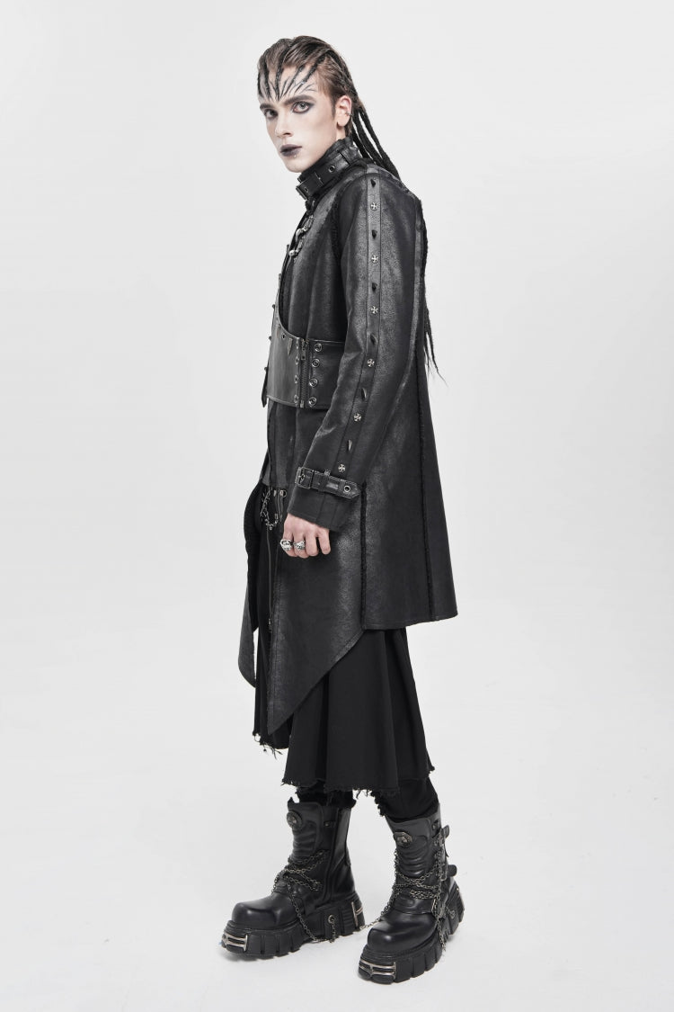 Black Stand Collar Rivet Buckle Zipper Men's Punk Coat