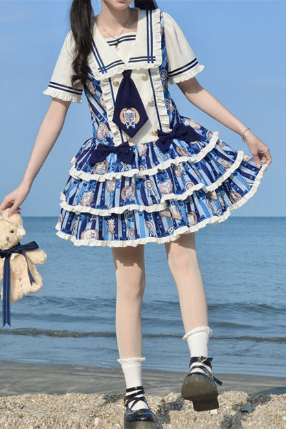 Blue [Glory of the Dog] Navy Collar Short Sleeves Low Waisted Triple-Layered Printed Ruffled Bow Sweet Lolita Dress
