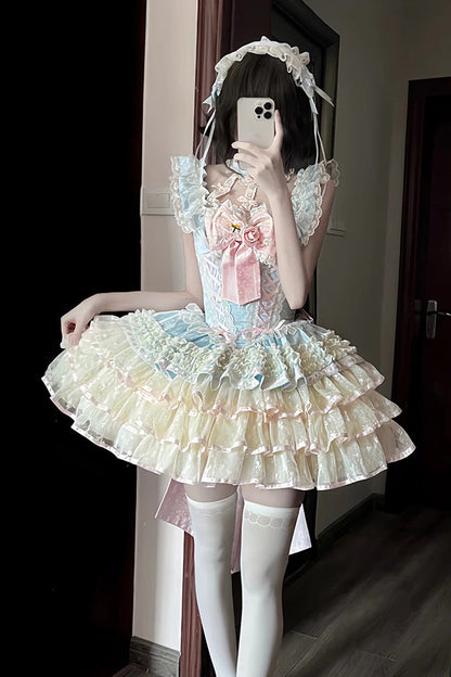 Blue [Flower Language of Eros] Halterneck Multi-Layered Ruffle Bowknot Rose Lace Lace-Up Sweet Ballet Lolita Jsk Dress