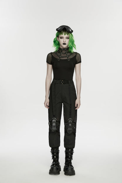 Black Stand Collar Short Sleeves Zippered Women's Punk Rivets&Eyelets T-Shirt