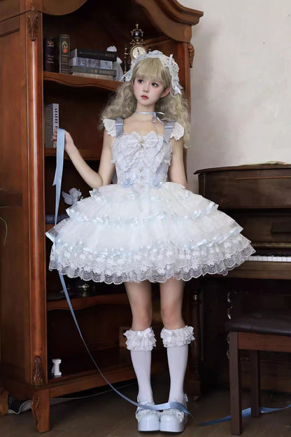 Blue [Rose Feather Waltz] Sleeveless Triple-Layered Ruffle Bowknot Lace Sweet Ballet Lolita Jsk Dress