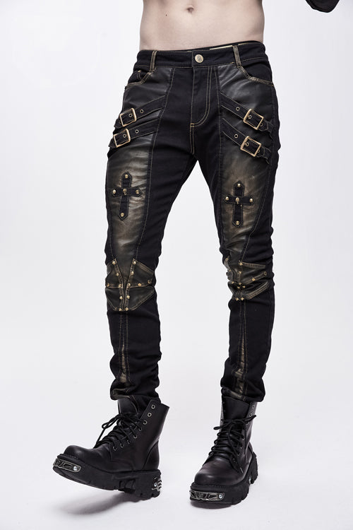 Punk Rock Bronze Fitted Leather Cross Mens Pants