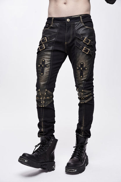 Punk Rock Bronze Fitted Leather Cross Mens Pants