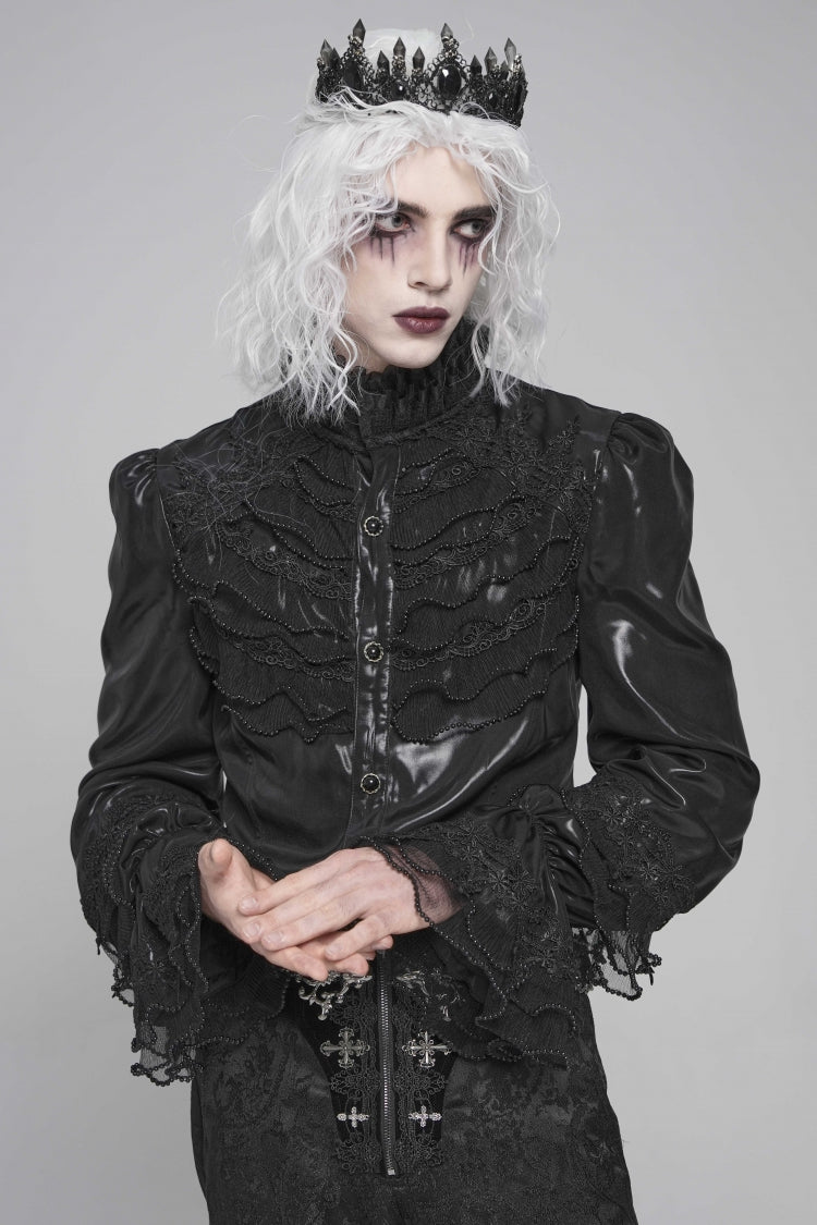 Black Stand Collar Long Puff Sleeves Embroidery Stitching Lace Men's Gothic Blouse