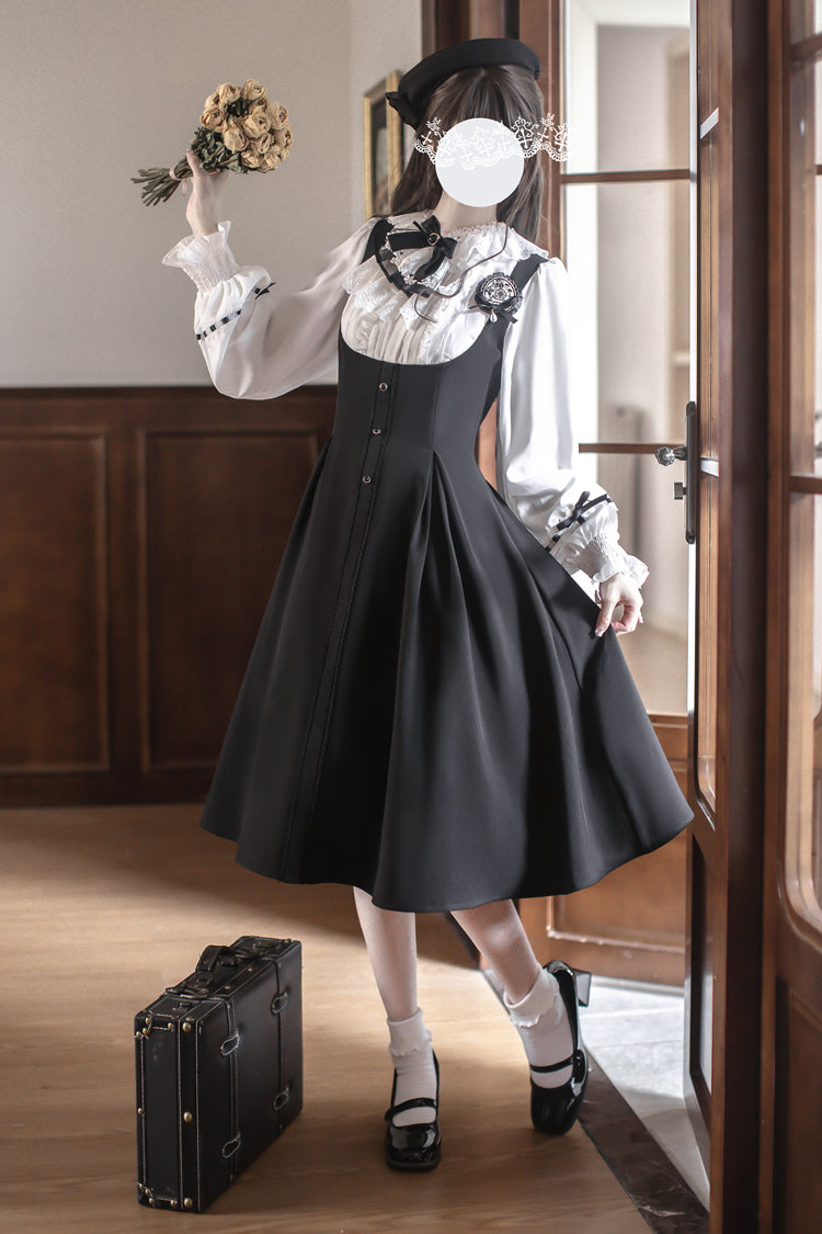 Black/White [Sunset Academy] Long Sleeves Ruffle Bowknot Fake Two Pieces Vintage College Style Elegant Lolita Dress