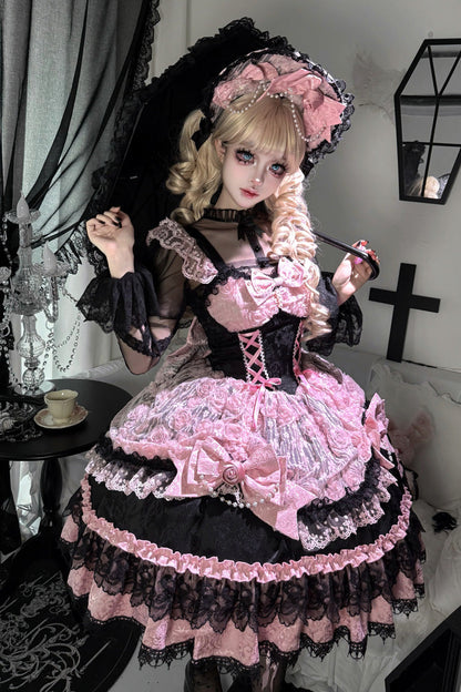 Black/Pink [Rose Princess] Sleeveless Ruffle Bowknot Lace Lace-Up Sweet Ballet Lolita Jsk Dress