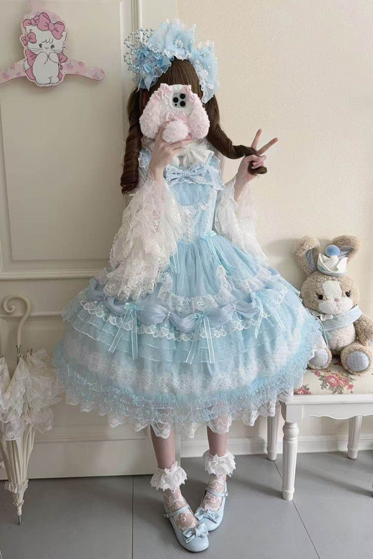 Blue [Sugar Heart Knot] Multi-Layered Ruffled Bow Lace Sweet Lolita Jsk Dress