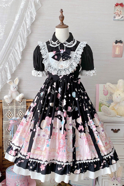 Black/Pink Cute Cat Print High Waisted Ruffle Bowknot Sweet Princess Lolita JSK Dress