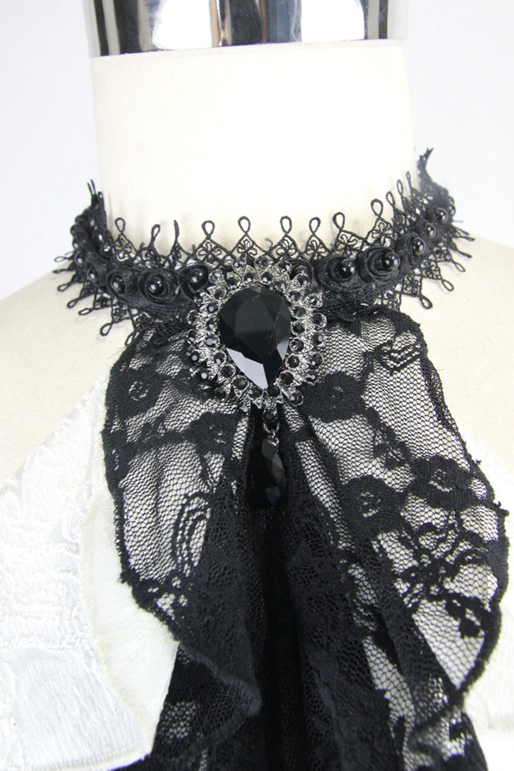 White Lace Jacquard Jewel Pins Men's Gothic Tie