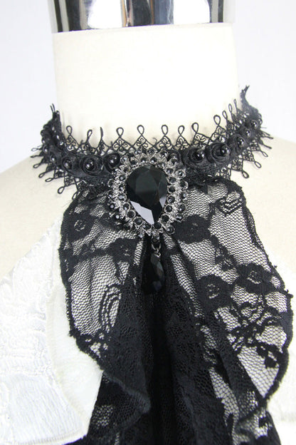 White Lace Jacquard Jewel Pins Men's Gothic Tie