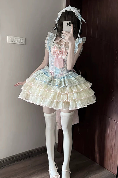 Blue [Flower Language of Eros] Halterneck Multi-Layered Ruffle Bowknot Rose Lace Lace-Up Sweet Ballet Lolita Jsk Dress