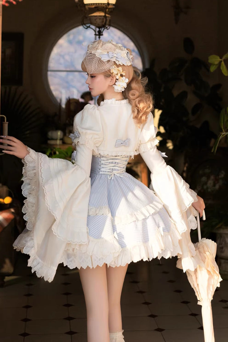 Blue [Letter Paper] Sleeveless Double-Layered Printed Ruffled Open-Front Bow Lace-Up Sweet Lolita Jsk Dress (Short Version)
